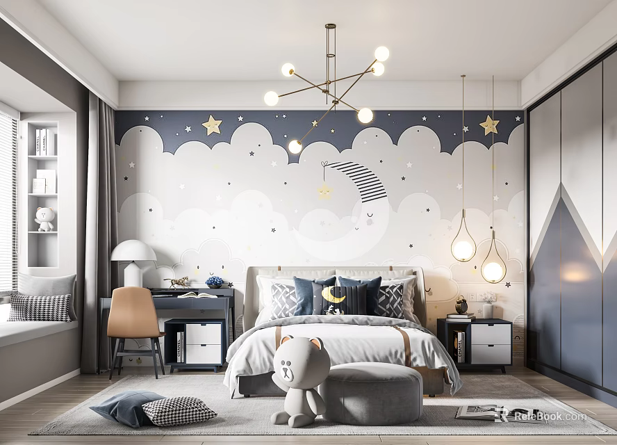 Kids Room Interior Design With Starry Wallpaper Bed Chandelier And Study Desk 3d model 