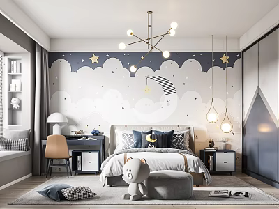 Kids Room Interior Design With Starry Wallpaper Bed Chandelier And Study Desk 3d model