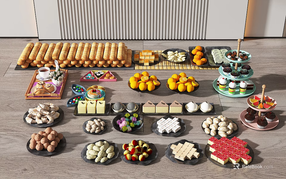 Assorted Delicious Food Display With Bread Sticks Fresh Oranges Pastries Chocolate Desserts And Candies 3d model 
