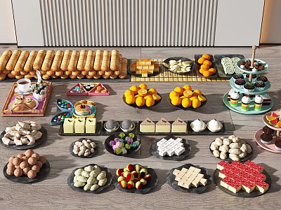 Assorted Delicious Food Display With Bread Sticks Fresh Oranges Pastries Chocolate Desserts And Candies 3d model