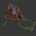 Essential Household Tools in Wooden Box with Saw Green Strap and Garden Hose