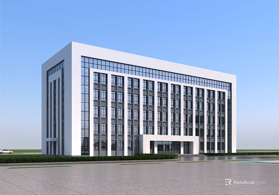 Modern Office Building With Glass Curtain Wall White Exterior And Spacious Plaza Front Greenery 3d model 