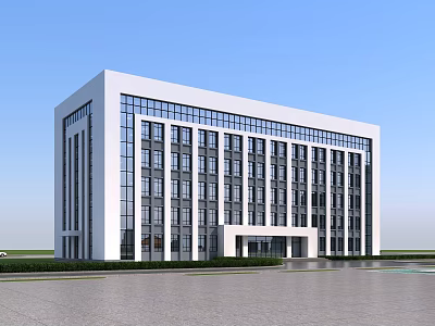 Modern Office Building With Glass Curtain Wall White Exterior And Spacious Plaza Front Greenery 3d model