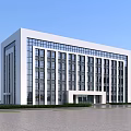 Modern Office Building With Glass Curtain Wall White Exterior And Spacious Plaza Front Greenery