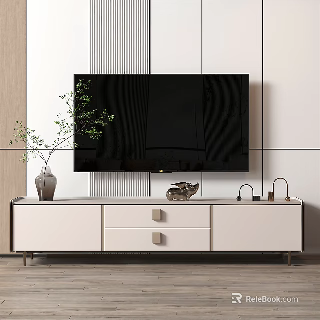 Modern White TV Stand with Vase Green Plant Decorative Item and TV 3d model 