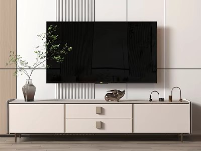 Modern White TV Stand with Vase Green Plant Decorative Item and TV 3d model