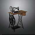 Vintage Sewing Machine On Wooden Table With Metal Parts Curved Legs And Drawer