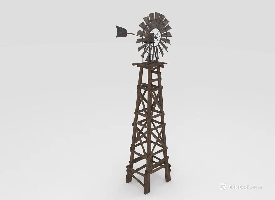 Outdoor Vintage Wooden Windmill Tower With Spinning Blades And Metal Frame 3d model 