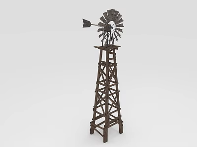 Outdoor Vintage Wooden Windmill Tower With Spinning Blades And Metal Frame 3d model