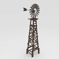Outdoor Vintage Wooden Windmill Tower With Spinning Blades And Metal Frame