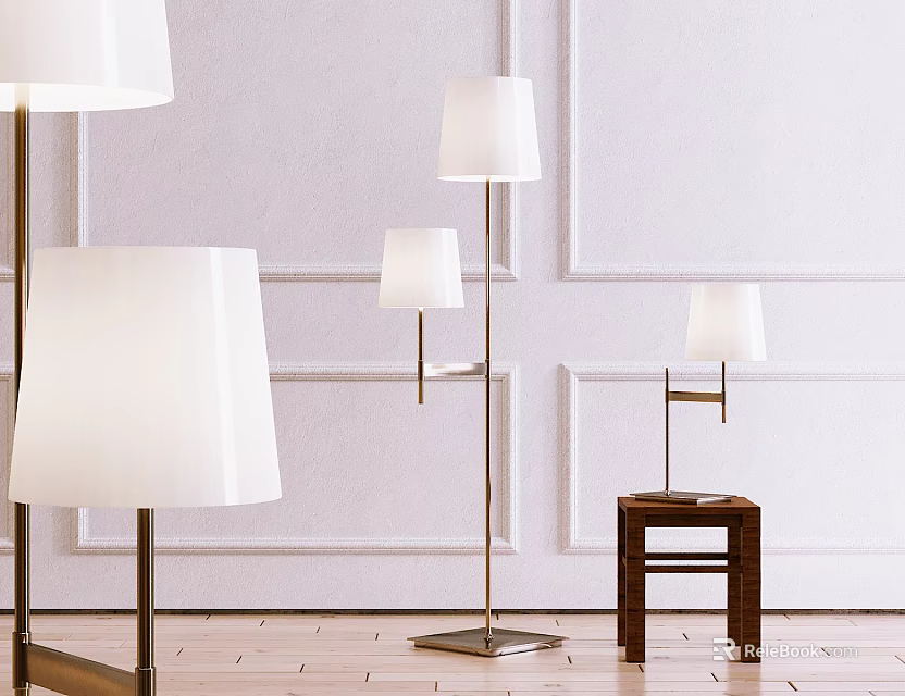 Modern Lamp Combinations In Interior Space With White Shades Floor And Table Lamps 3d model 