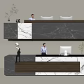Modern Reception Desk Design With Marble Countertop Staff Computers Decorative Plants And Sculptures