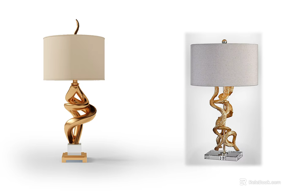 Elegant Table Lamp with Gold Spiral Base Square Stand and Beige Gray Lampshade 3d model