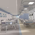 Spacious Hospital Ward Interior With Medical Beds Tables Chairs Windows Artworks And Ceiling Lights
