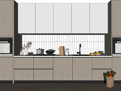 Modern Kitchen Interior With White Upper And Wooden Lower Cabinets Countertop And Decorative Plants 3d model