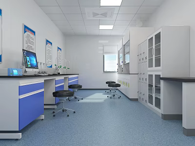 Modern Scientific Laboratory Interior With Workbenches Lab Equipment Cabinets Windows And Stools 3d model
