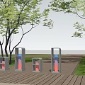 Modern Outdoor Pillar Lights on Wooden Deck with Trees Grass and Water View