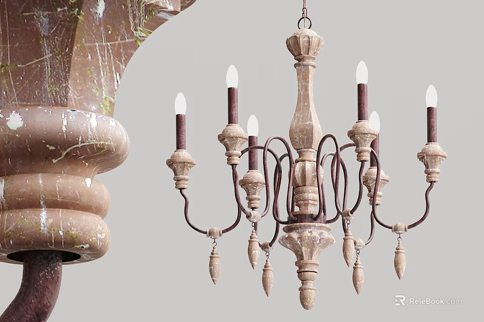 Vintage Wooden Chandelier With Metal Frame Candle Shaped Lights And Decorative Pendants 3d model 