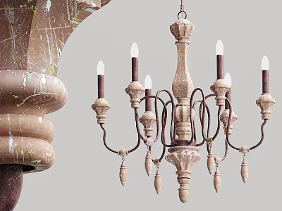 Vintage Wooden Chandelier With Metal Frame Candle Shaped Lights And Decorative Pendants 3d model