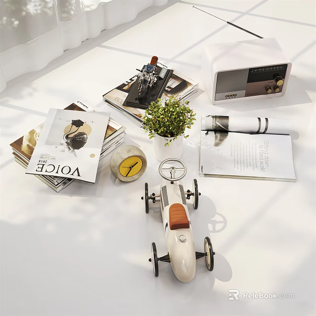 Stylish Decorative Ornament Set Featuring Toy Car Model Small Green Plant Magazines Clock And Radio 3d model 