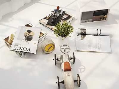 Stylish Decorative Ornament Set Featuring Toy Car Model Small Green Plant Magazines Clock And Radio 3d model