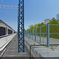 Railway Facilities With Modern High-Speed Train Green Metal Pillars White Fences And Platform
