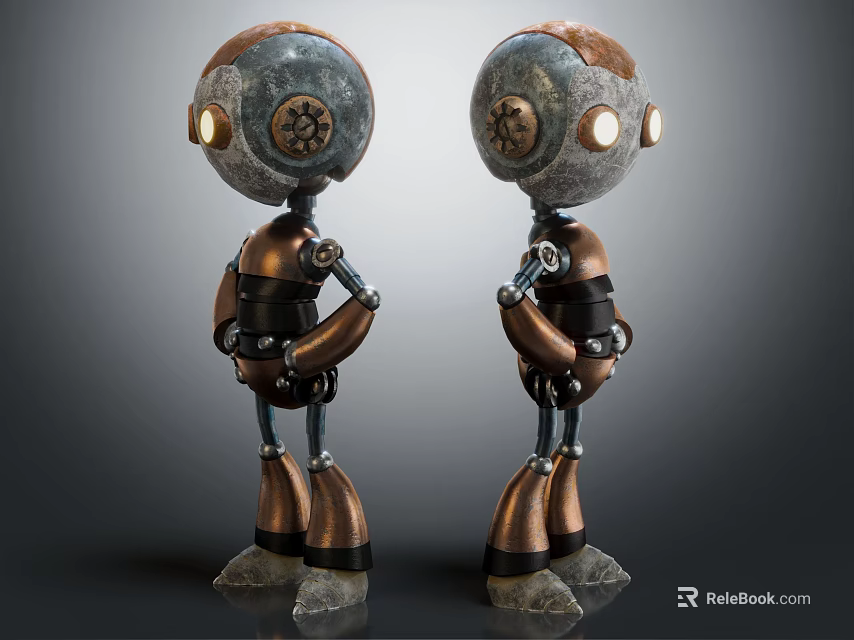 Vintage Mechanical Robots With Metallic Bodies And Gear Details Standing Together 3d model 