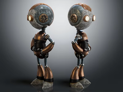 Vintage Mechanical Robots With Metallic Bodies And Gear Details Standing Together 3d model