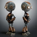 Vintage Mechanical Robots With Metallic Bodies And Gear Details Standing Together