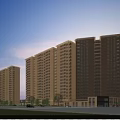 Modern High Rise Residential Building with Multiple Towers Street View and Ground Floor Shops