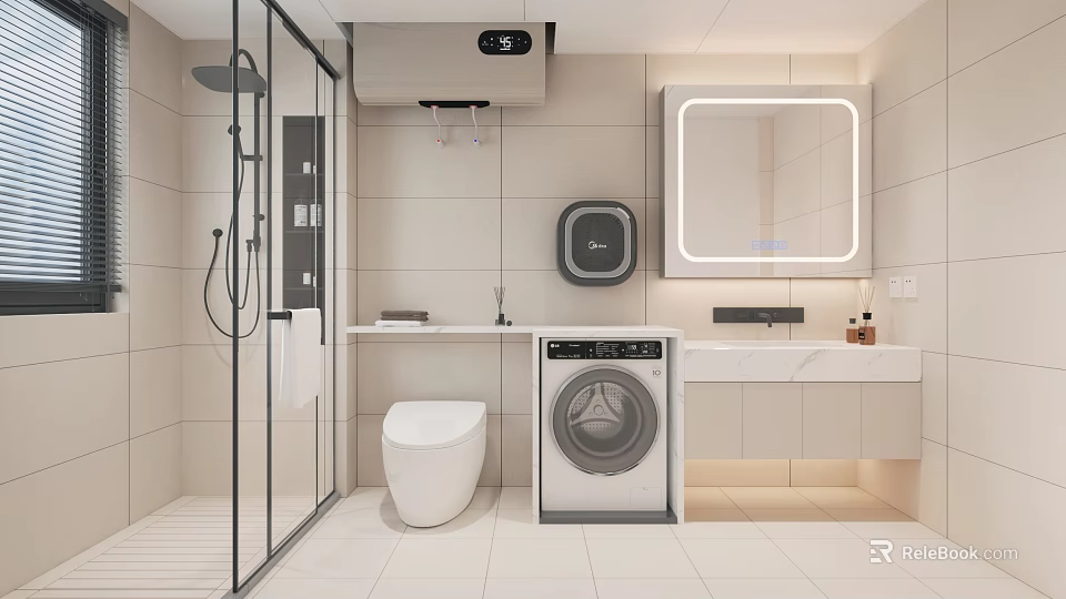 Modern Bathroom Interior Design With Shower Toilet Washing Machine Vanity And Mirror 3d model 
