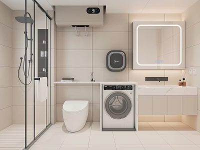 Modern Bathroom Interior Design With Shower Toilet Washing Machine Vanity And Mirror 3d model