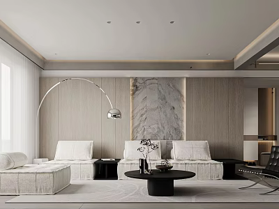 Modern Living Room Interior Design With White Sofas Curved Floor Lamp And Marble Accent Wall 3d model