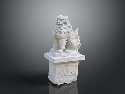 Traditional White Stone Lion Statue With Carved Pedestal And Decorative Details 3d model
