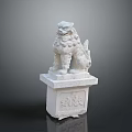 Traditional White Stone Lion Statue With Carved Pedestal And Decorative Details