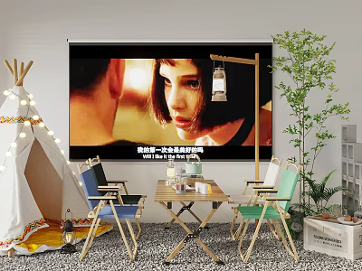 Wooden Table And Chair Set With Projector Screen White Tent String Lights And Green Plants 3d model