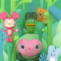 Cute Colorful Cartoon Characters In Green Plant Filled Background With Big Eyes