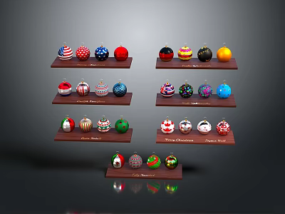 Colorful Christmas Themed Decorative Balls For Clothing And Hats On Wooden Shelves 3d model