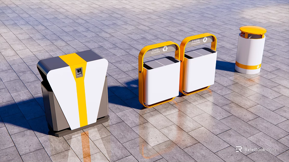 Modern Outdoor Trash Bins With Yellow White And Gray Designs On Tile Pavement 3d model 