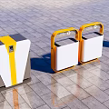 Modern Outdoor Trash Bins With Yellow White And Gray Designs On Tile Pavement