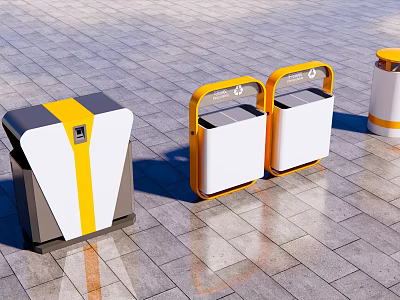 Modern Outdoor Trash Bins With Yellow White And Gray Designs On Tile Pavement 3d model