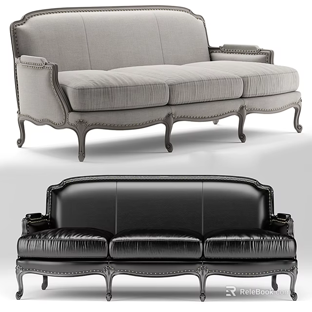 Classic Three Seater Sofa With Fabric Leather Upholstery Rivet Details And Carved Wooden Legs 3d model 