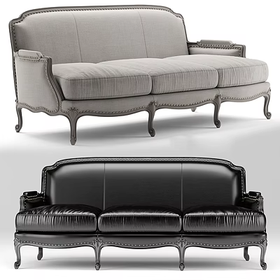 Classic Three Seater Sofa With Fabric Leather Upholstery Rivet Details And Carved Wooden Legs 3d model
