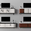Modern TV Stand Designs With White And Brown Cabinets Drawers And Decorative Items