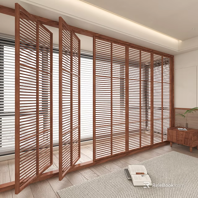 Wooden Slatted Screen In Modern Living Room Interior Design 3d model 