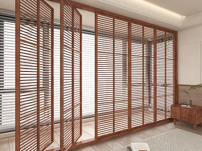 Wooden Slatted Screen In Modern Living Room Interior Design 3d model