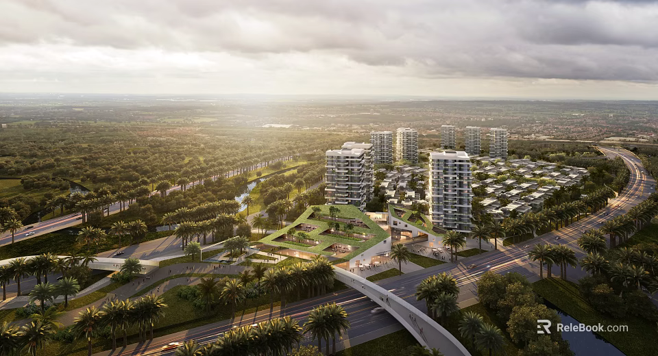 Aerial View Planning With High Rise Buildings Green Spaces And Tree Lined Roads 3d model 