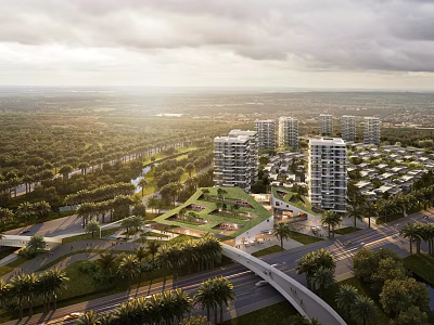 Aerial View Planning With High Rise Buildings Green Spaces And Tree Lined Roads 3d model
