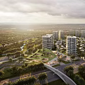 Aerial View Planning With High Rise Buildings Green Spaces And Tree Lined Roads