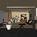 Modern Living Room With Wooden Ceiling Beams Window Blinds Potted Plants And Framed Artwork